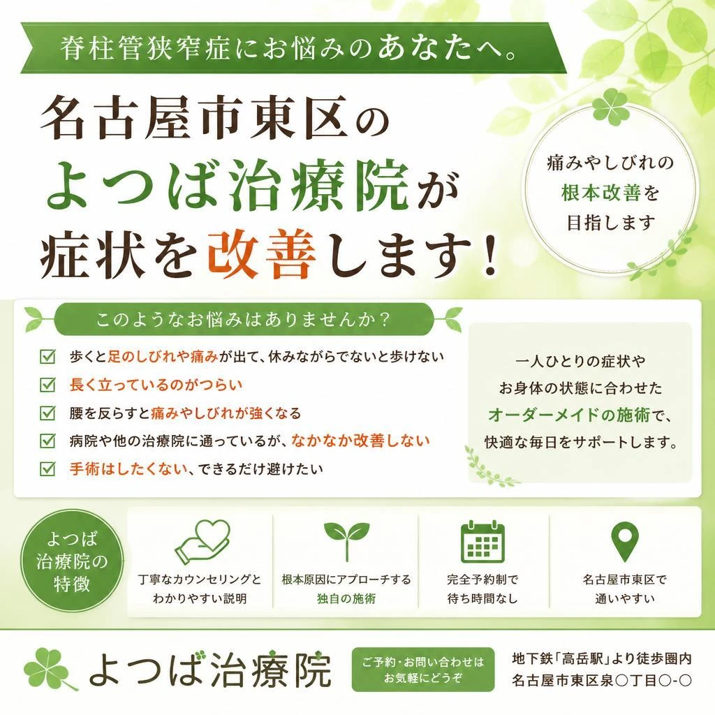 脊柱管狭窄症にお悩みのあなたへ。名古屋市東区のよつば治療院が症状を改善します！